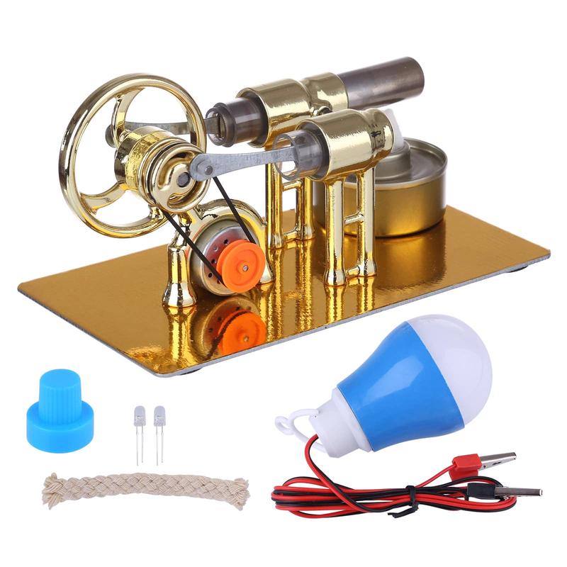-Type Golden Single Cylinder Sterling Engine Generator Stirling Model with LED Diode and Bulb Science Experiment Educational Toy