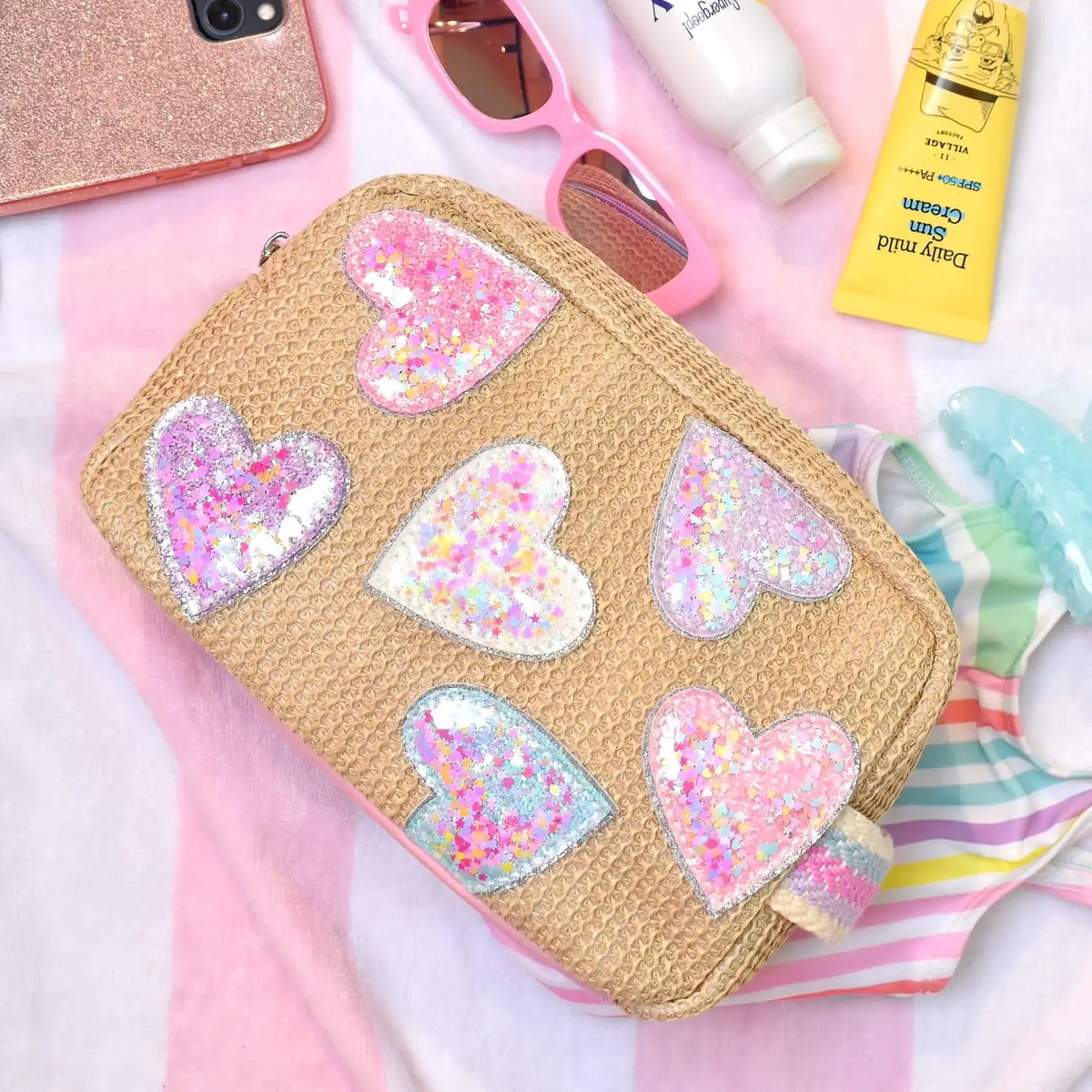 Confetti Heart Patched Straw Pouch